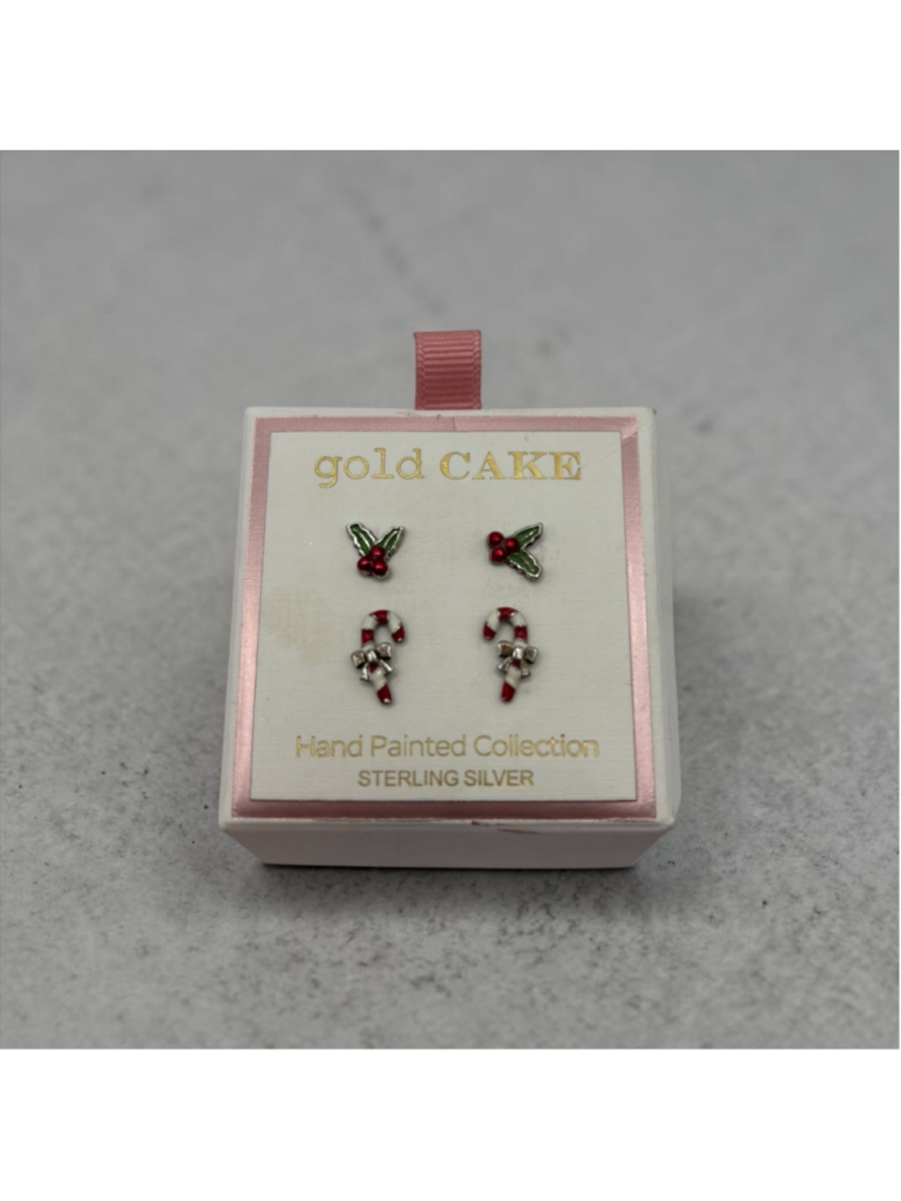 Gold Cake Sterling Silver Christmas Stud Earrings Set Candy Cane Holly Hand Pain